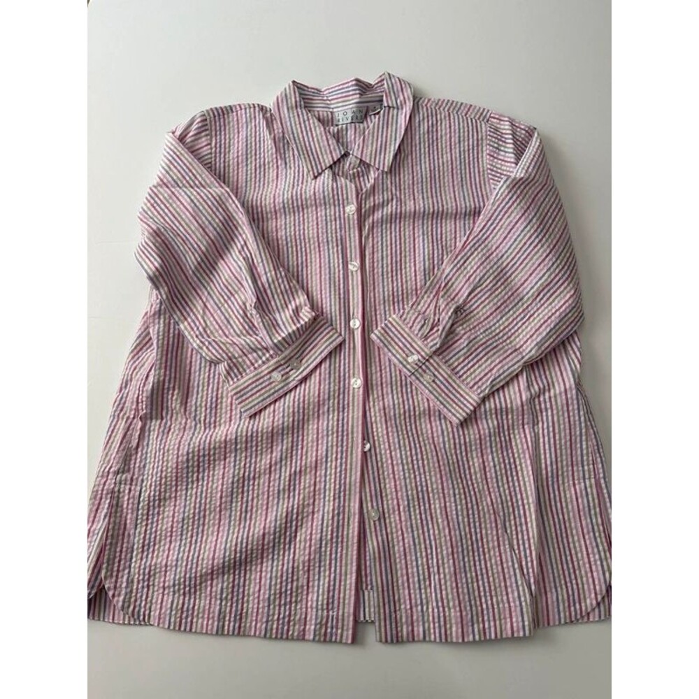 Joan Rivers Vertical Stripe Sear Sucker Button Up Shirt Casual Preppy Medium M